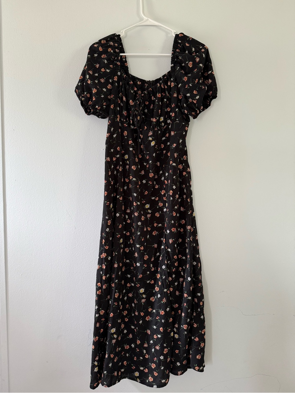 SHEIN Black Floral Square Neck Puff-Sleeve Maxi Dress
